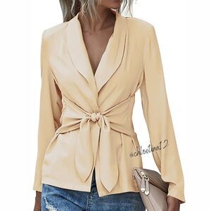 Women's V Neck Blazer Jacket Self Tie Knot Beige or Khaki